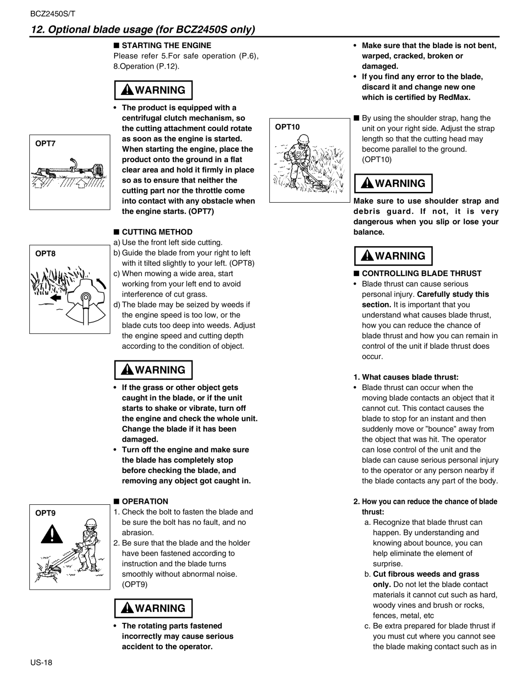 RedMax BCZ2450T, BCZ2450S OPT7 OPT8 Starting the Engine, Cutting Method, OPT10, Controlling Blade Thrust, OPT9, Operation 