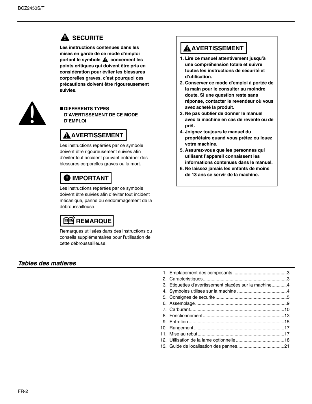 RedMax BCZ2450T, BCZ2450S manual Tables des matieres, Differents Types D’AVERTISSEMENT DE CE Mode D’EMPLOI 