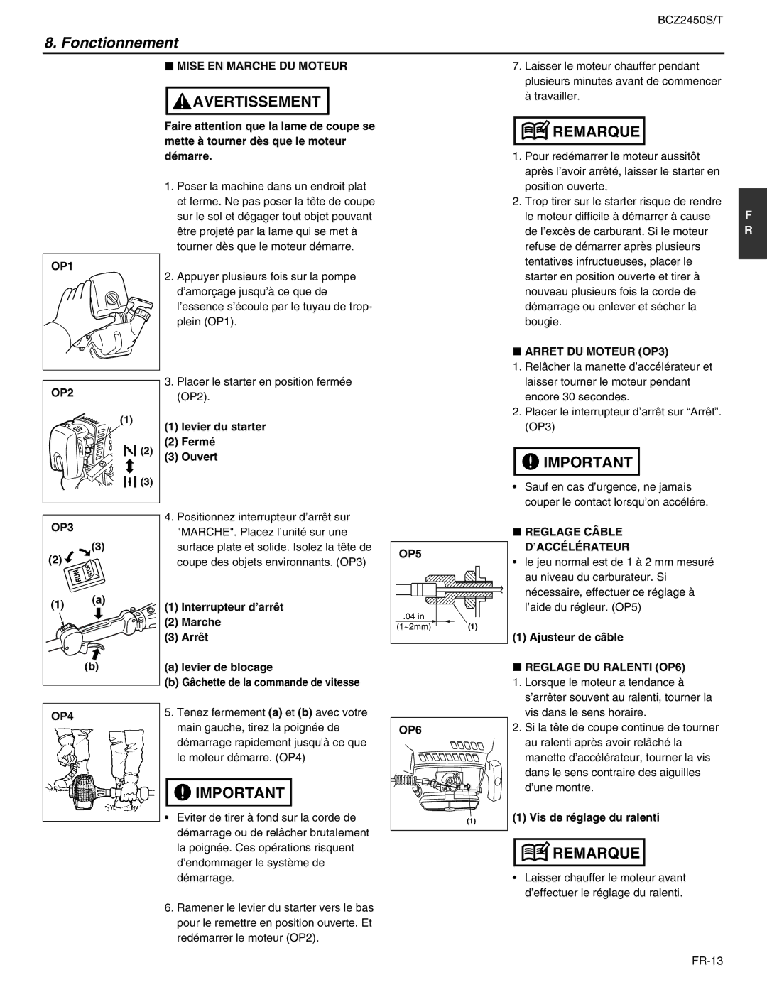 RedMax BCZ2450S, BCZ2450T manual Fonctionnement, Mise EN Marche DU Moteur, Arret DU Moteur OP3, Reglage Câble D’ACCÉLÉRATEUR 