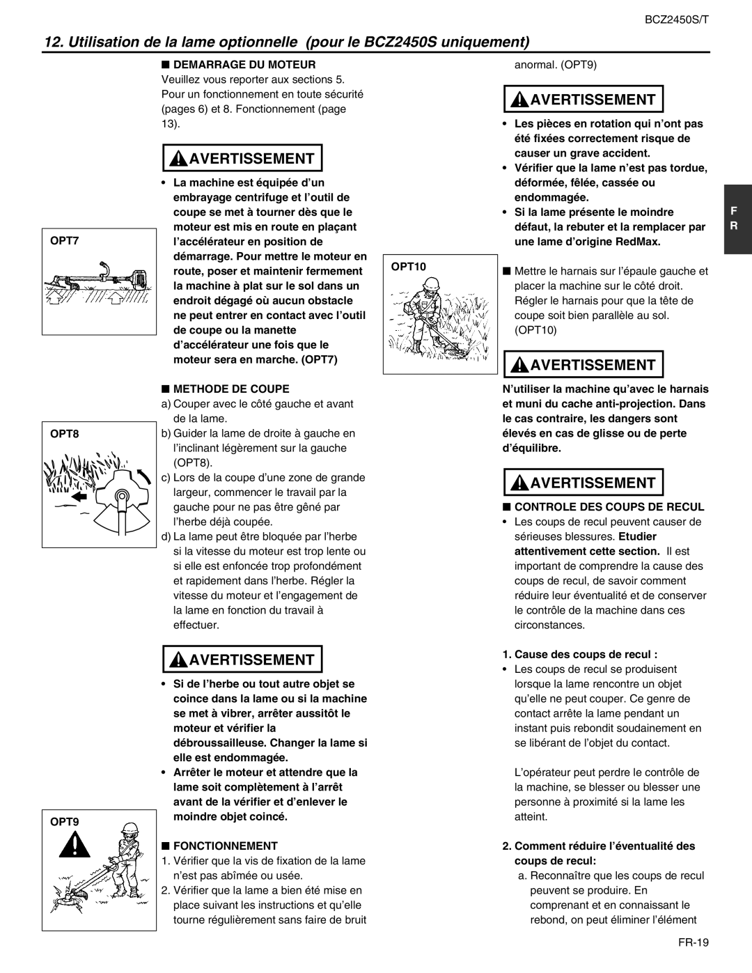 RedMax BCZ2450S, BCZ2450T manual OPT7, OPT8 OPT9 Methode DE Coupe, Fonctionnement, Controle DES Coups DE Recul 