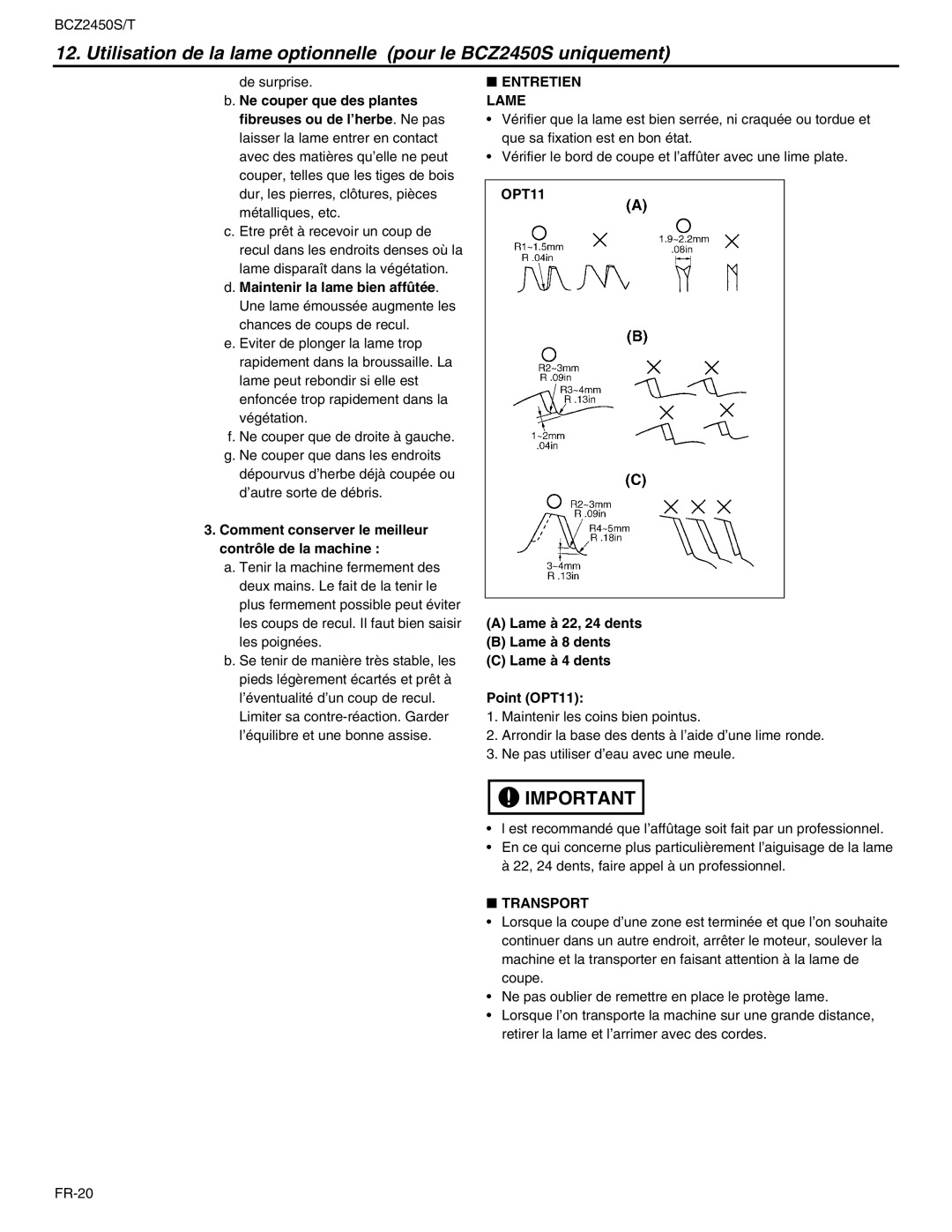 RedMax BCZ2450T, BCZ2450S manual Comment conserver le meilleur contrôle de la machine, Entretien Lame 