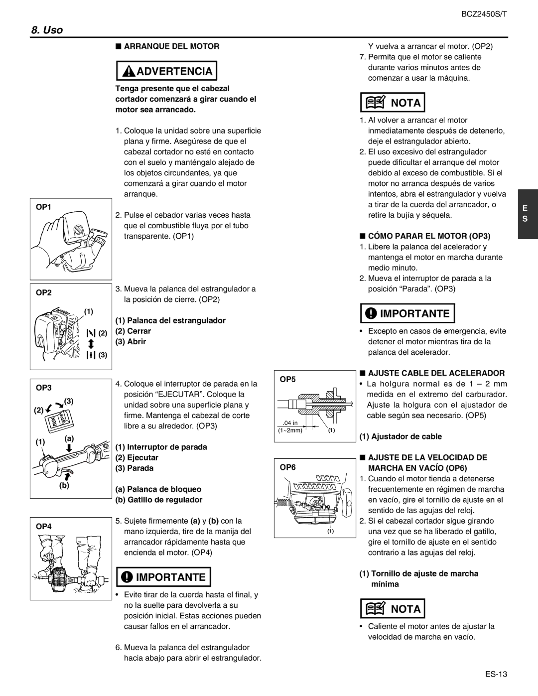 RedMax BCZ2450S, BCZ2450T manual Uso, Cómo Parar EL Motor OP3, OP3 OP4, Ajuste Cable DEL Acelerador 