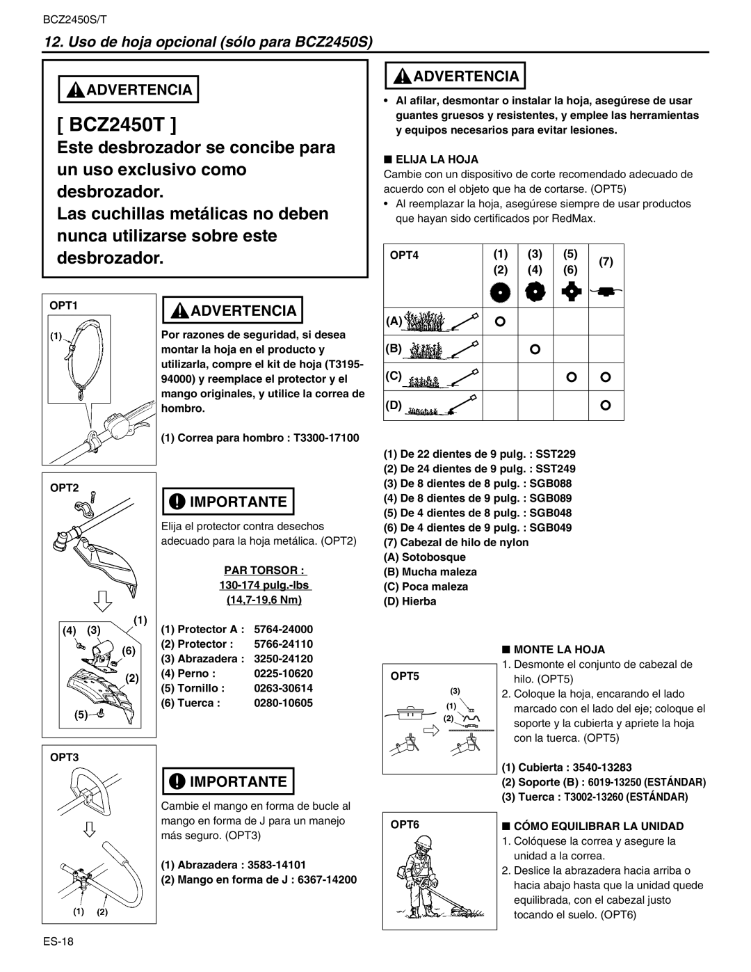 RedMax BCZ2450T manual Uso de hoja opcional sólo para BCZ2450S, PAR Torsor, Elija LA Hoja, Monte LA Hoja 