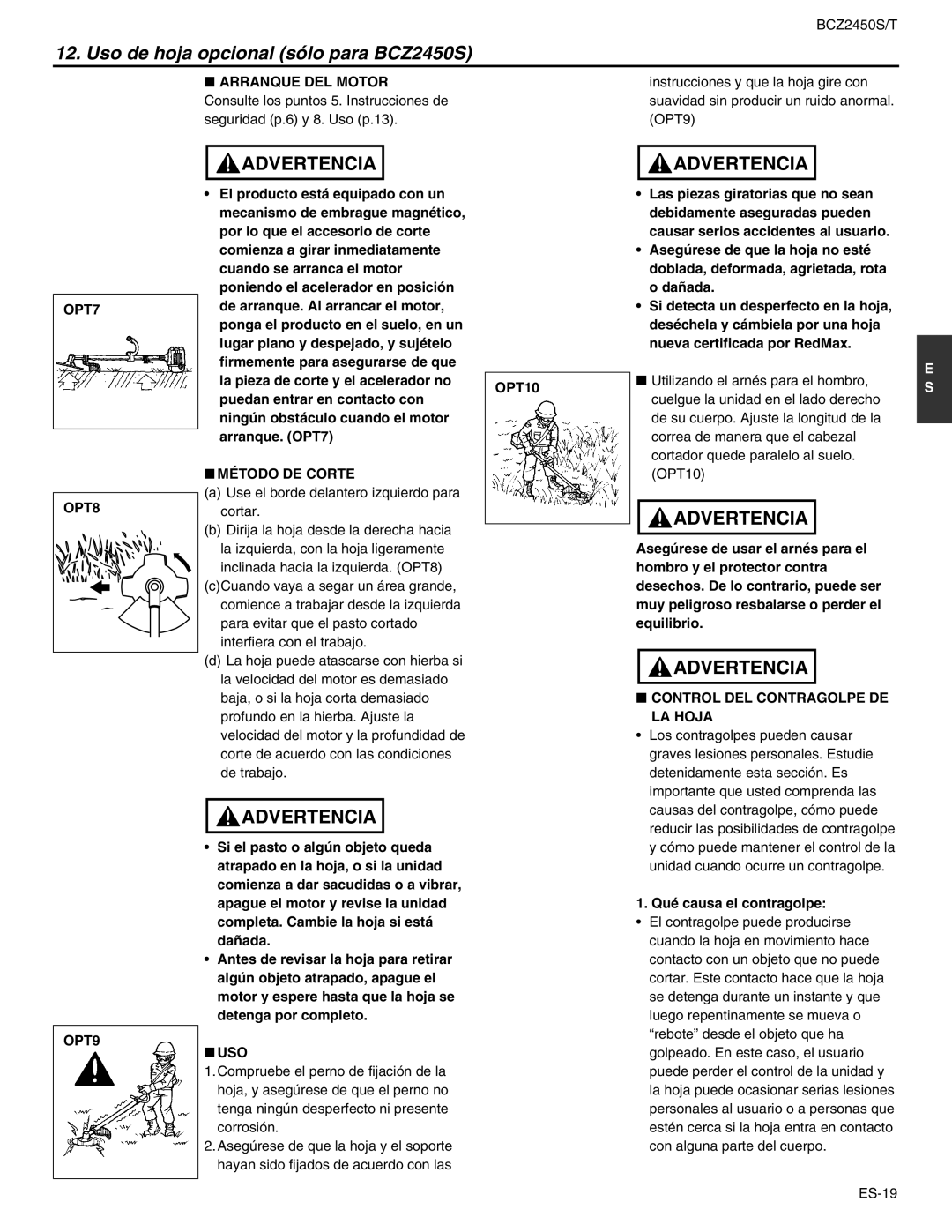 RedMax BCZ2450S manual OPT7 OPT8 OPT9, Método DE Corte, Uso, Control DEL Contragolpe DE LA Hoja, Qué causa el contragolpe 