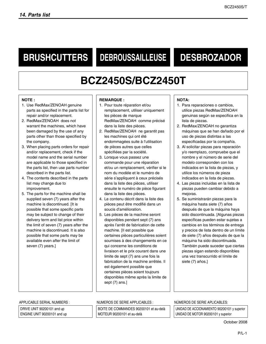 RedMax BCZ2450S, BCZ2450T manual Parts list, Remarque, Nota 