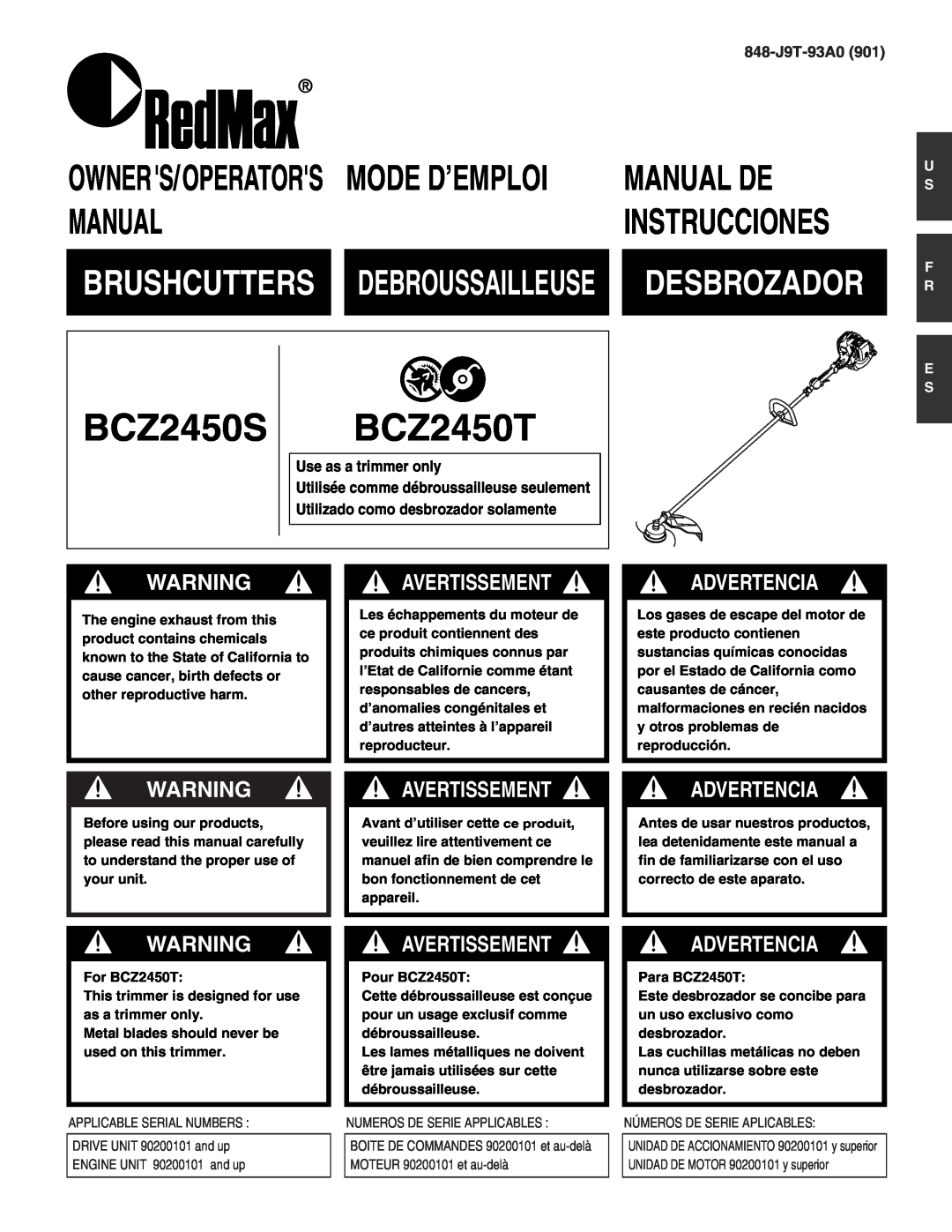 RedMax BCZ2450S manual BCZ2450T, Manual De, Desbrozador, Avertissement, Advertencia, Mode D’Emploi, Instrucciones 