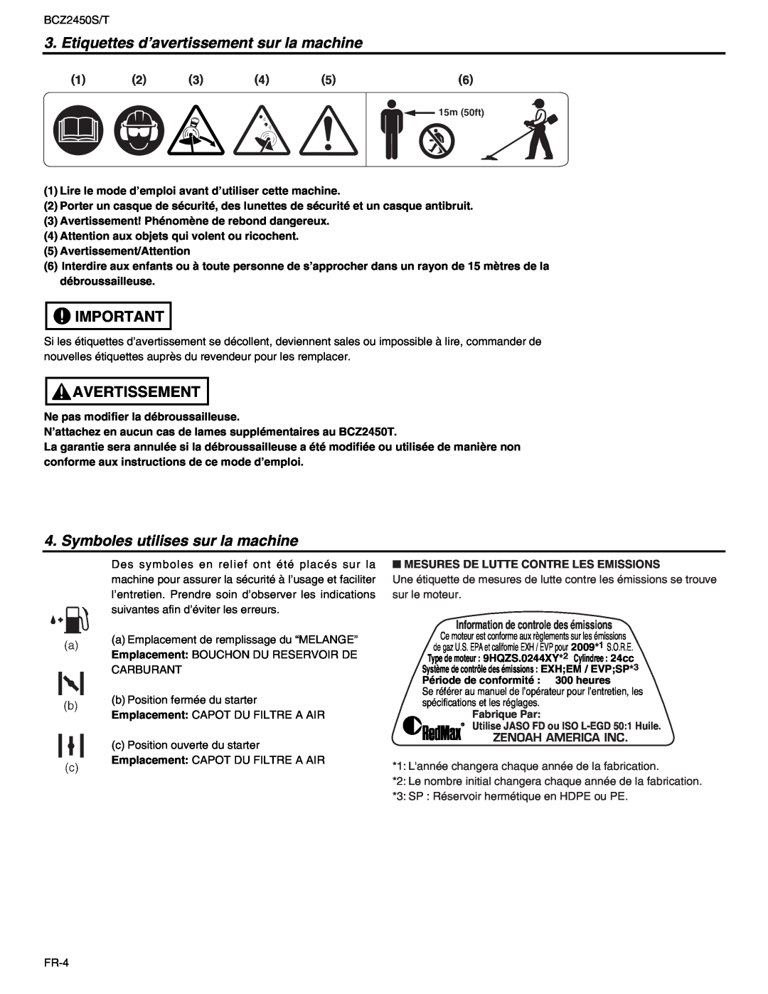 RedMax BCZ2450T, BCZ2450S manual Etiquettes d’avertissement sur la machine, Avertissement, Symboles utilises sur la machine 