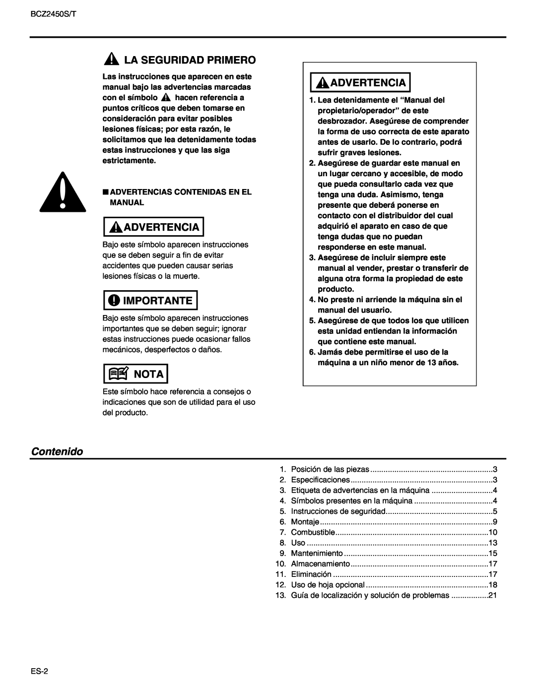 RedMax BCZ2450T, BCZ2450S manual La Seguridad Primero, Advertencia, Importante, Nota, Contenido 