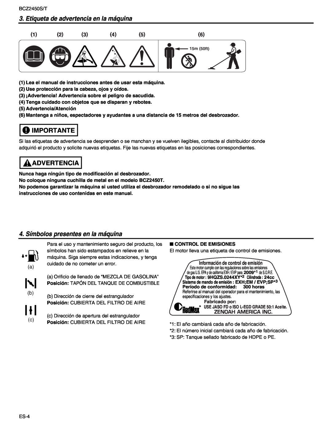 RedMax BCZ2450T manual Etiqueta de advertencia en la máquina, Importante, Advertencia, 4. Símbolos presentes en la máquina 