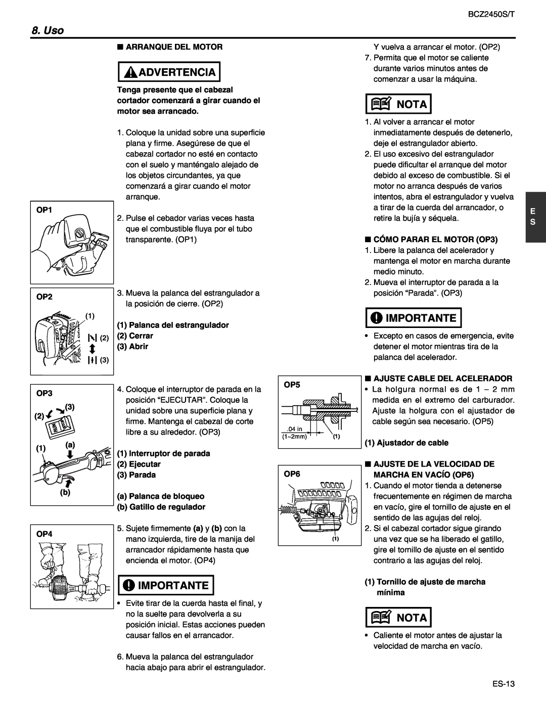 RedMax BCZ2450S, BCZ2450T manual Uso, Advertencia, Nota, Importante 