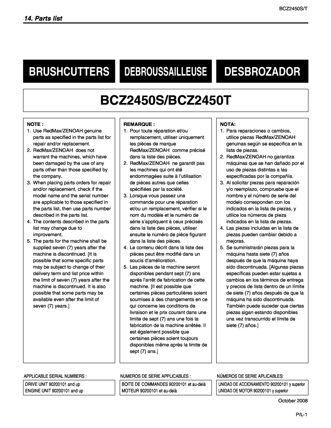 RedMax manual BCZ2450S/BCZ2450T, Brushcutters Debroussailleuse Desbrozador, Parts list 