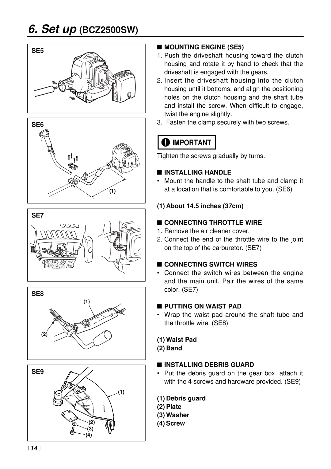 RedMax BCZ2500SW, BCZ2500SU manual SE6, SE7 SE8 SE9 Mounting Engine SE5, Putting on Waist PAD,  14  