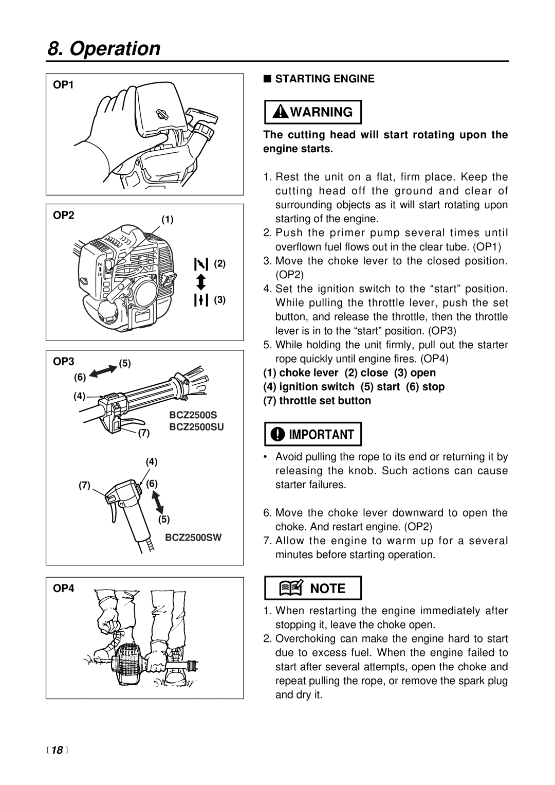 RedMax BCZ2500SU, BCZ2500SW manual Operation, OP1, Starting Engine, OP4,  18  