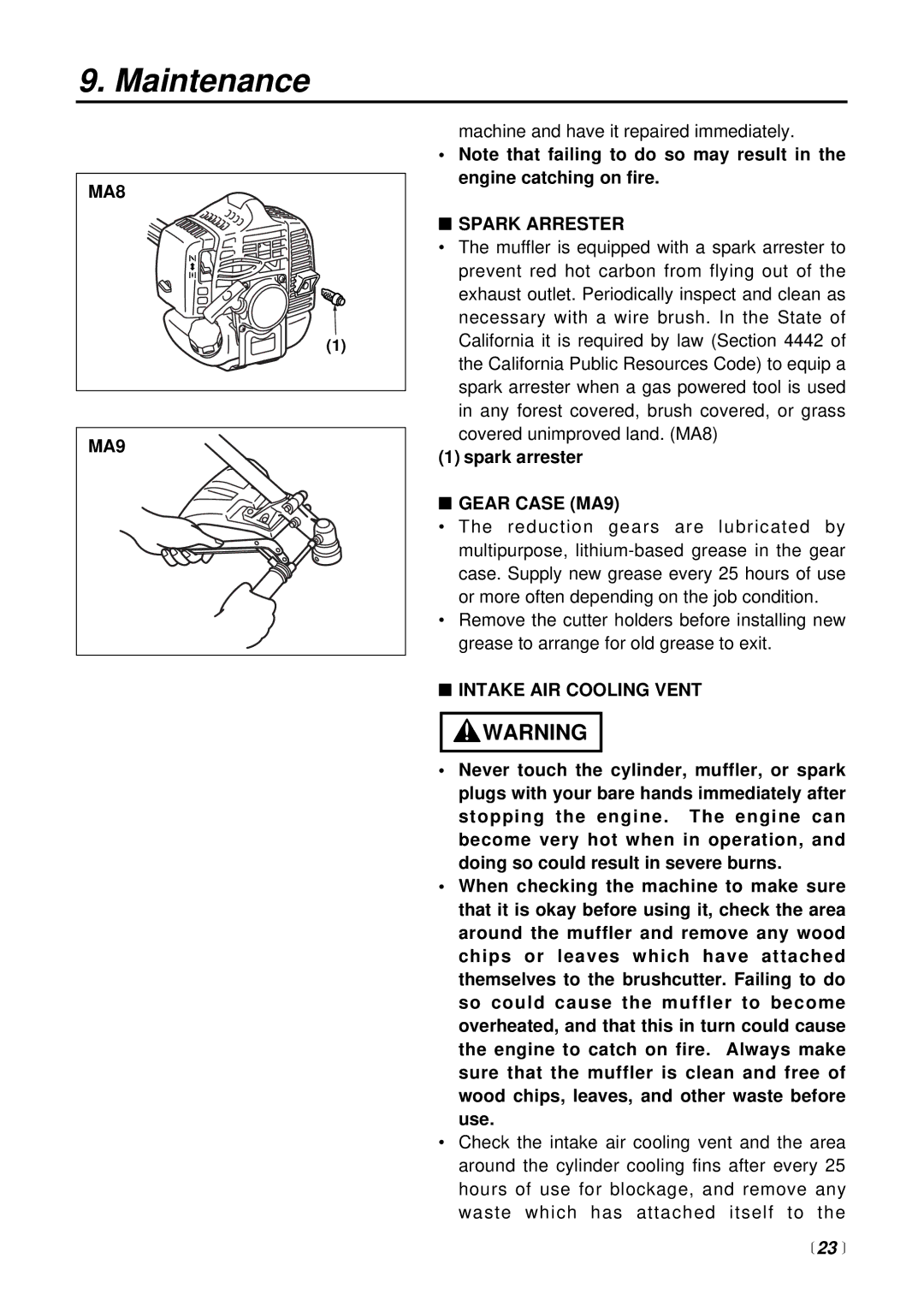 RedMax BCZ2500SW, BCZ2500SU manual MA8 MA9, Spark Arrester, Gear Case MA9, Intake AIR Cooling Vent,  23  