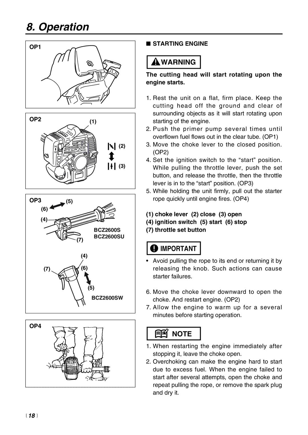 RedMax BCZ2600SU, BCZ2600SW manual Operation, OP1, Starting Engine, OP4,  18  