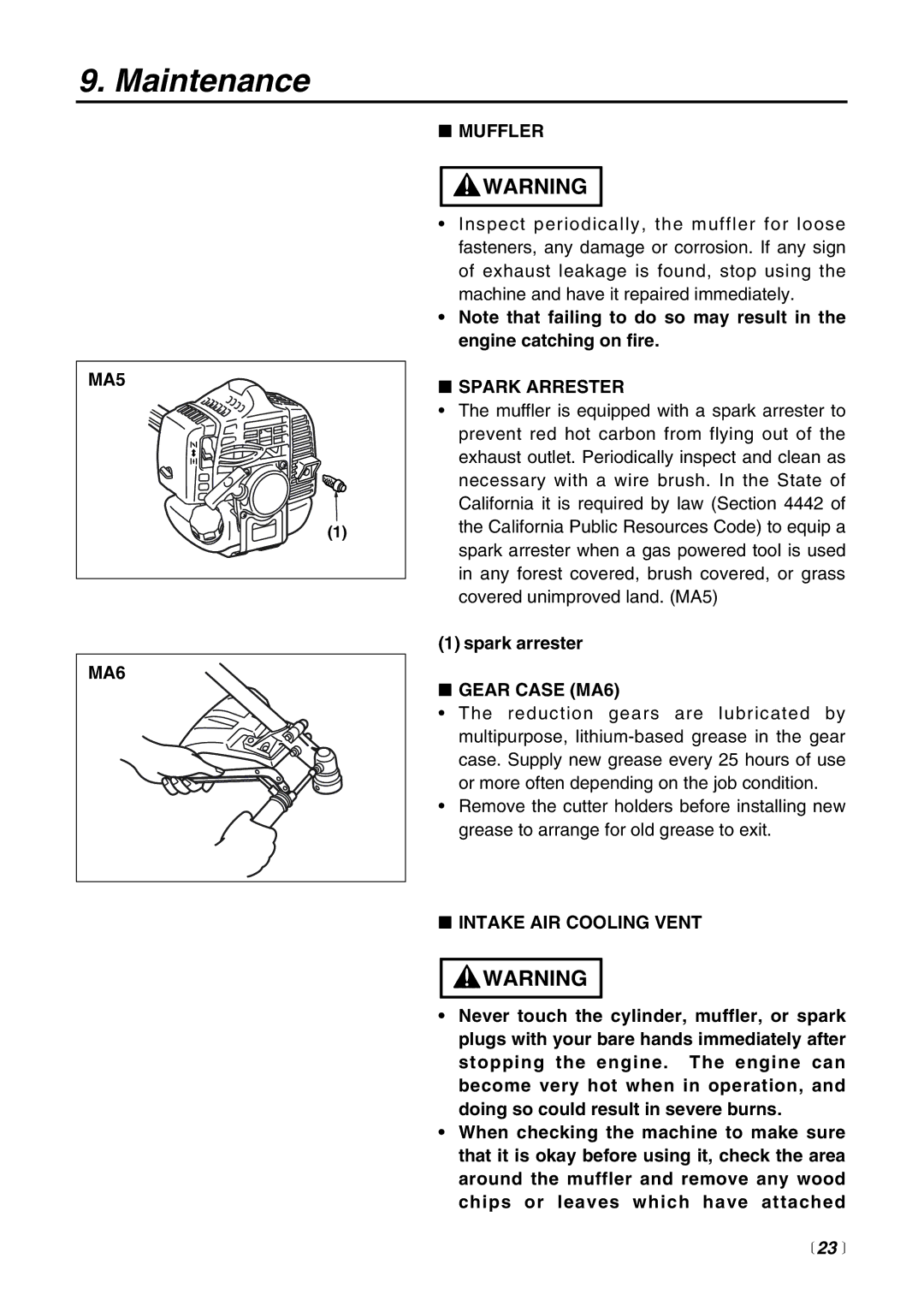 RedMax BCZ2600SU, BCZ2600SW manual MA5 MA6 Muffler, Spark Arrester, Gear Case MA6, Intake AIR Cooling Vent,  23  