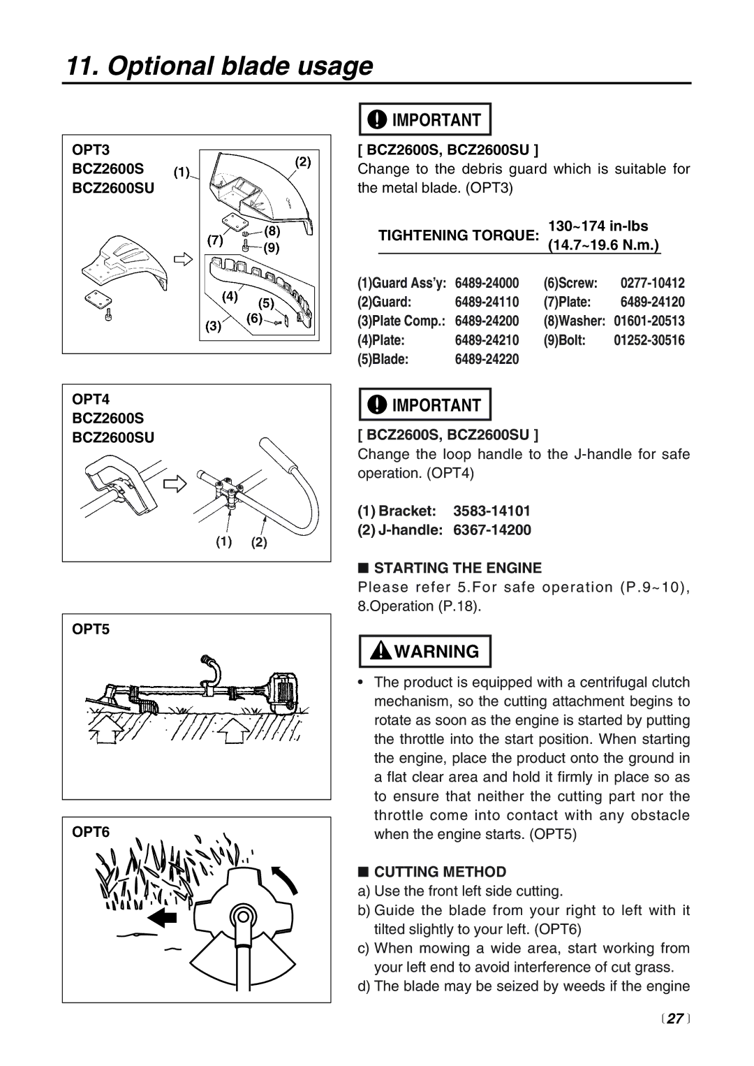 RedMax BCZ2600SW manual OPT3, BCZ2600SU OPT4, BCZ2600SU OPT5 OPT6, Cutting Method,  27  