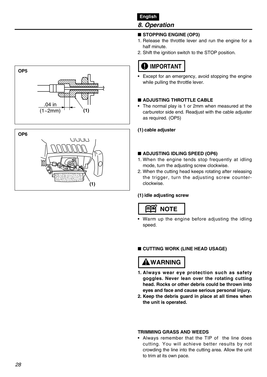 RedMax BCZ2610SW-CA, BCZ2610S-CA manual Stopping Engine OP3, OP5, Adjusting Throttle Cable, Adjusting Idling Speed OP6 