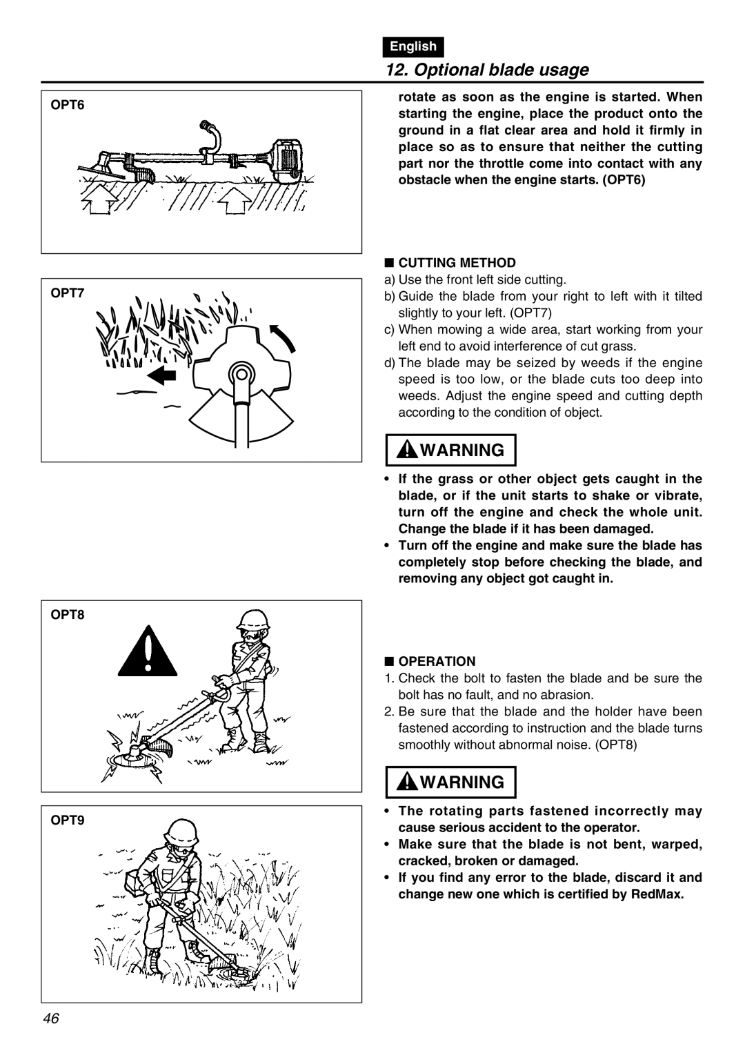 RedMax BCZ2610SW-CA, BCZ2610S-CA, BCZ2610SU-CA manual OPT6 OPT7 OPT8 OPT9, Cutting Method, Operation 