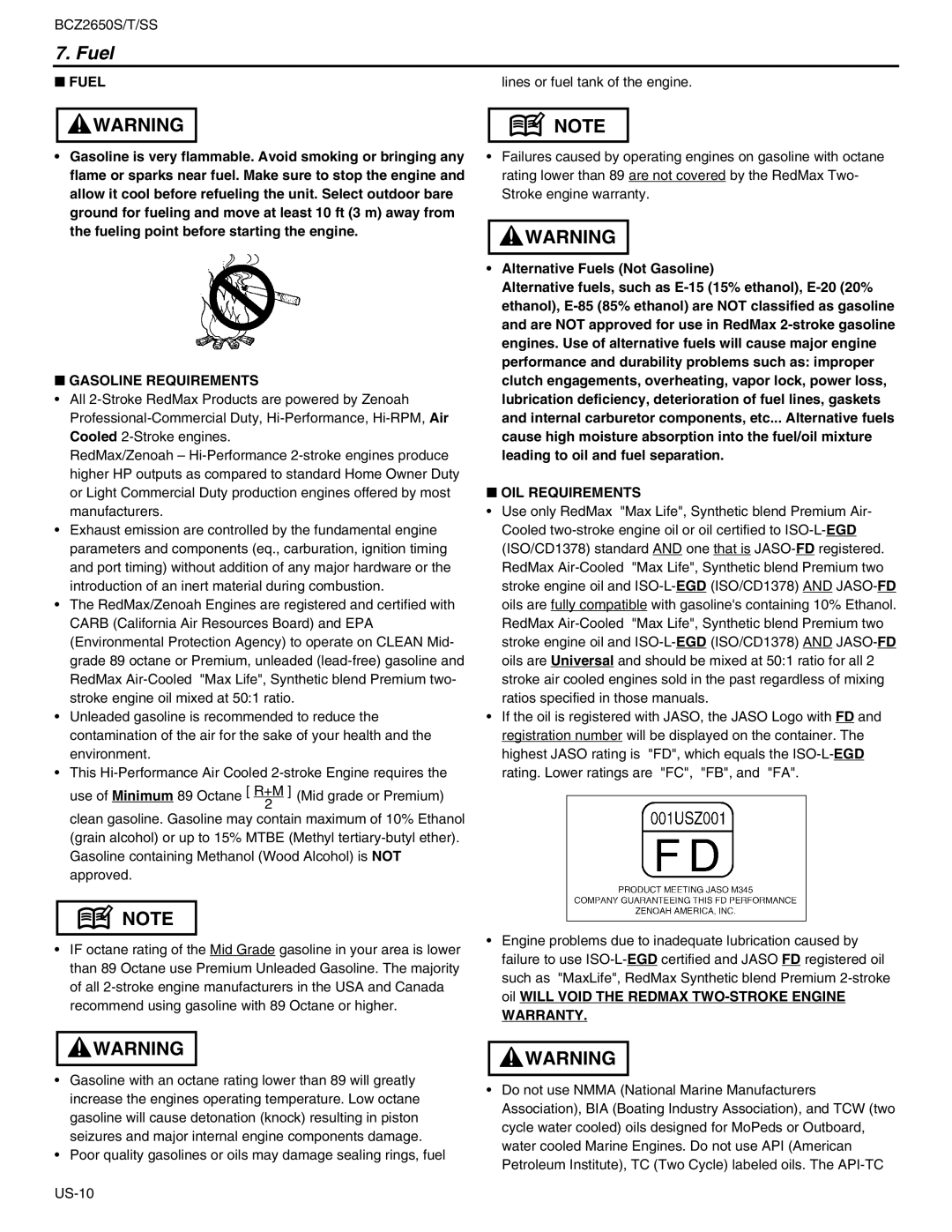 RedMax BCZ2650T, BCZ2650SS manual Fuel, Gasoline Requirements, OIL Requirements, Warranty 