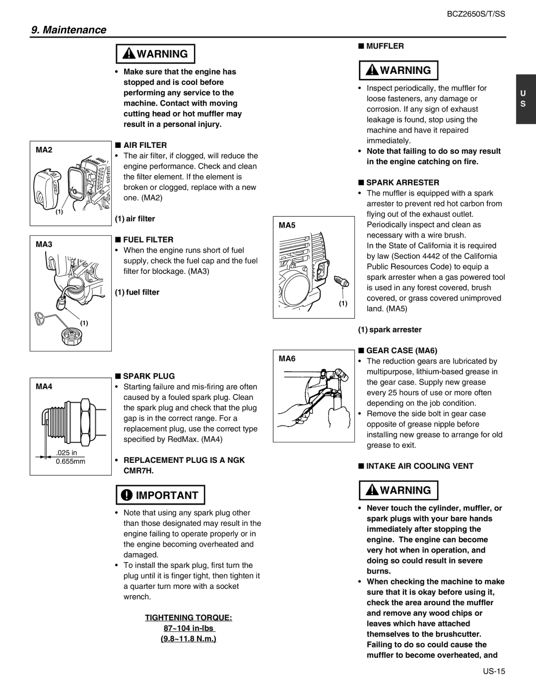 RedMax BCZ2650S, BCZ2650T Muffler MA2, AIR Filter, MA3, Fuel Filter, MA5, Spark Arrester, MA4, Spark Plug, Gear Case MA6 