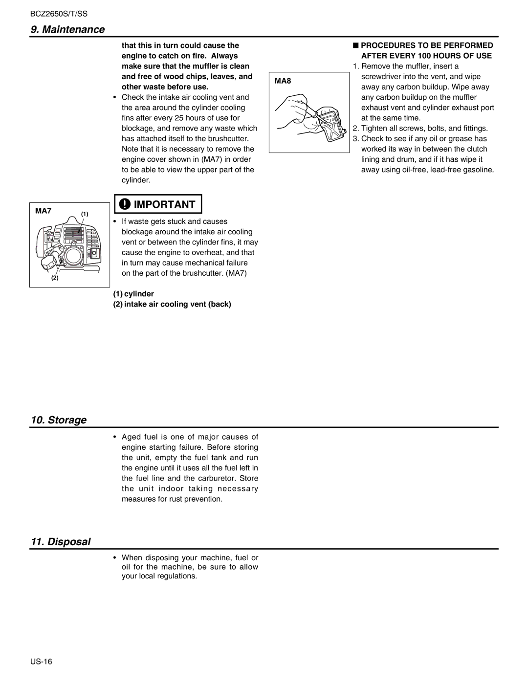 RedMax BCZ2650T, BCZ2650SS manual Storage, Disposal, MA8 Procedures to be Performed After Every 100 Hours of USE, MA7 