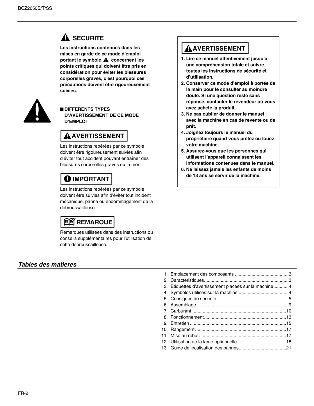 RedMax BCZ2650T, BCZ2650SS manual Tables des matieres, Differents Types D’AVERTISSEMENT DE CE Mode D’EMPLOI 