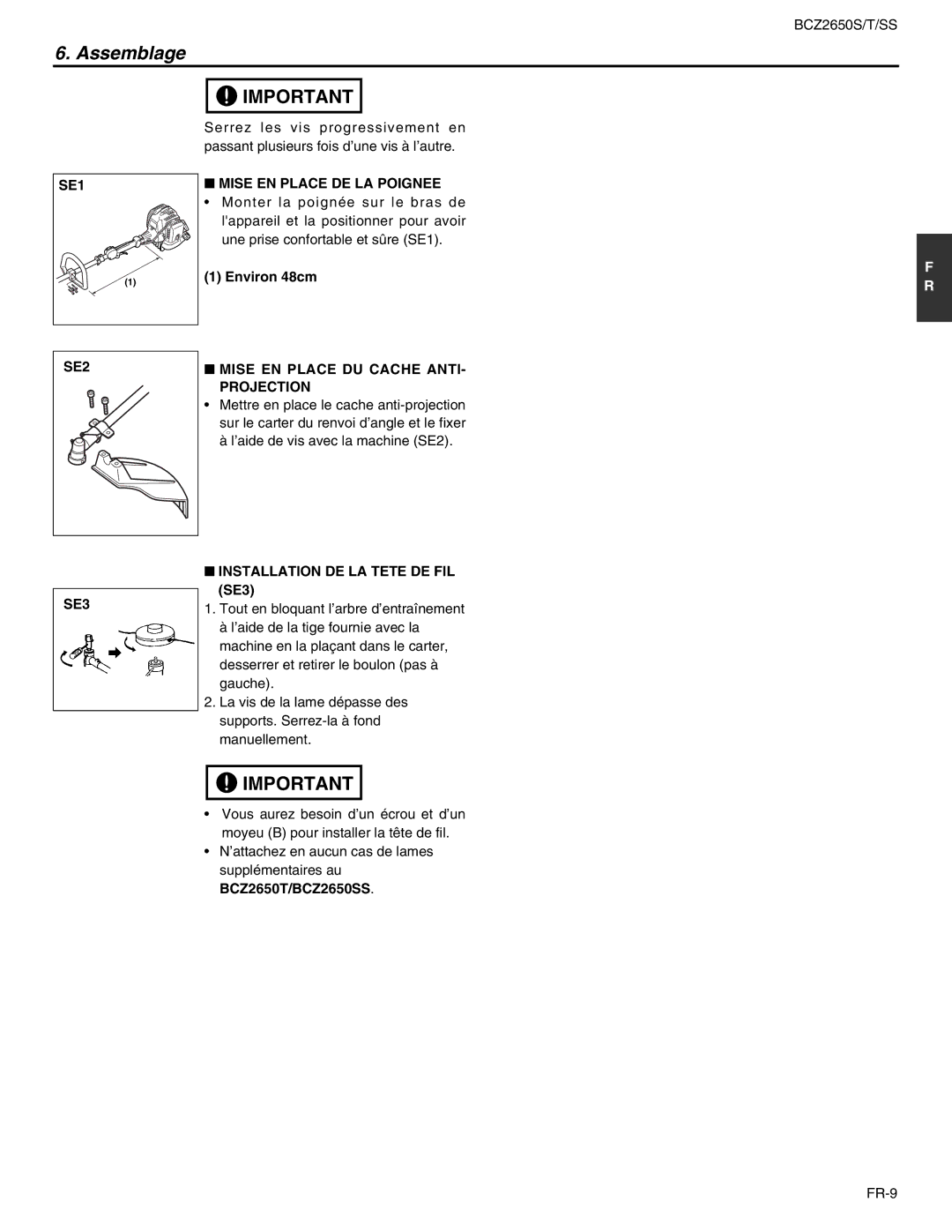 RedMax BCZ2650SS, BCZ2650T manual Assemblage, Mise EN Place DE LA Poignee, SE2, Mise EN Place DU Cache ANTI- Projection 