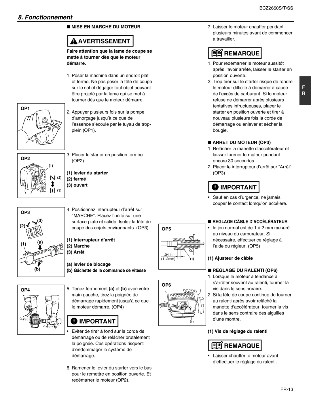 RedMax BCZ2650T, BCZ2650SS manual Fonctionnement 