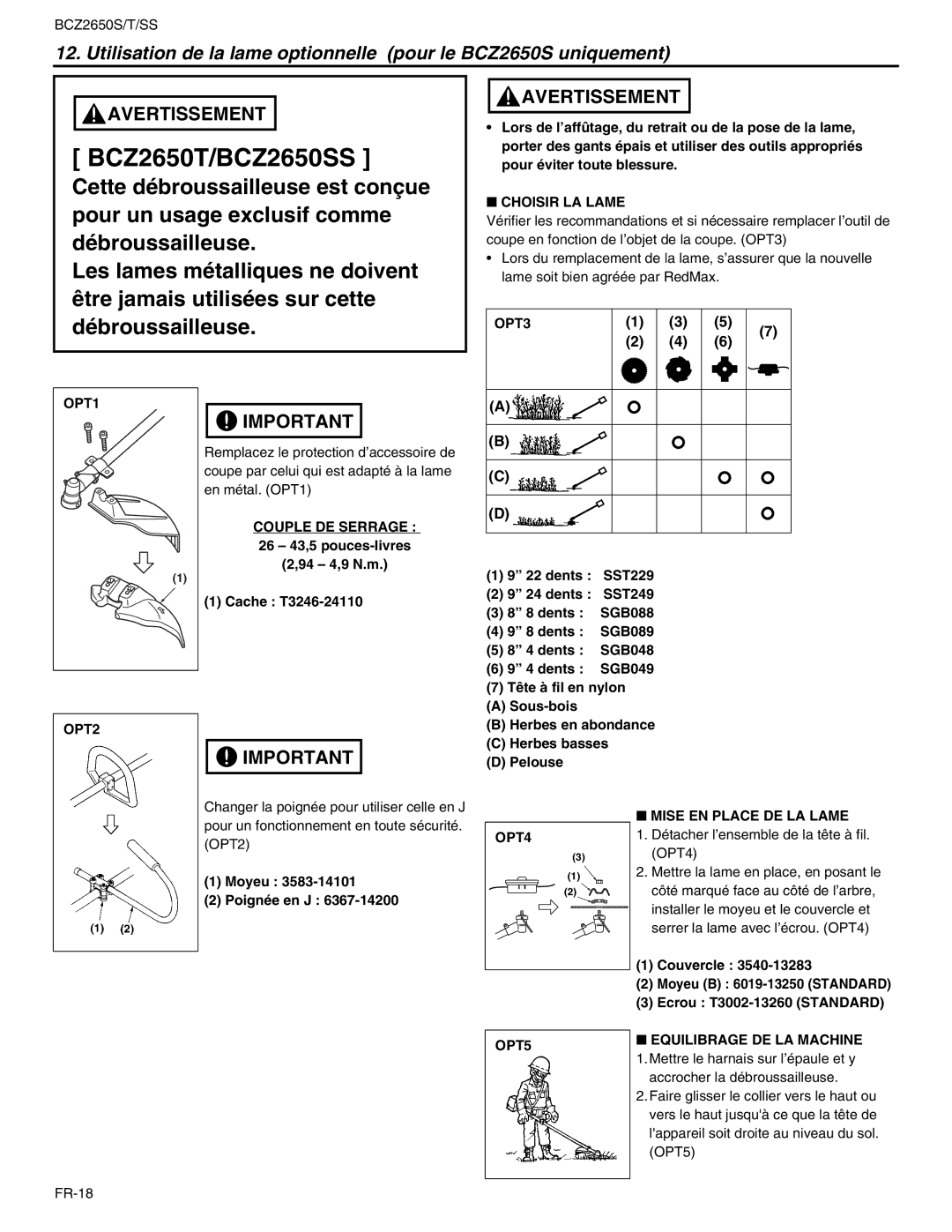 RedMax BCZ2650SS, BCZ2650T manual Choisir LA Lame, OPT3 OPT1 OPT2, Mise EN Place DE LA Lame, OPT5 Equilibrage DE LA Machine 
