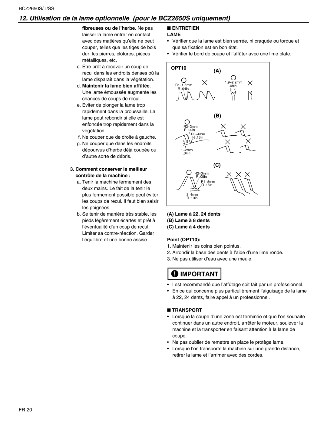 RedMax BCZ2650T, BCZ2650SS manual Comment conserver le meilleur contrôle de la machine, Entretien Lame 