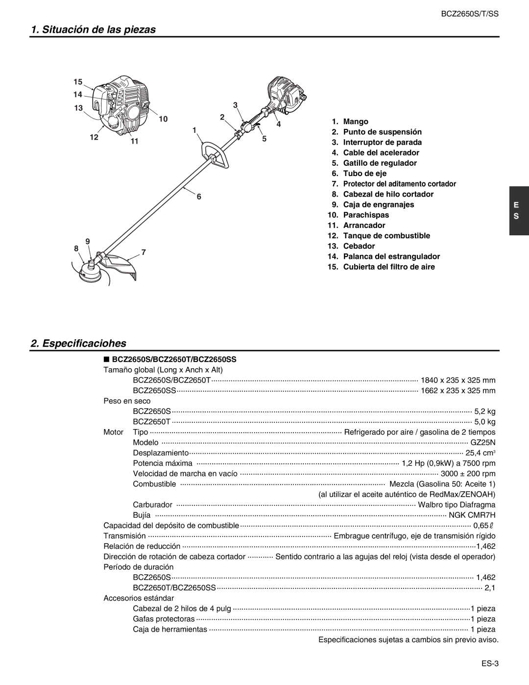 RedMax manual Situación de las piezas, Especificaciohes, BCZ2650S/BCZ2650T/BCZ2650SS 