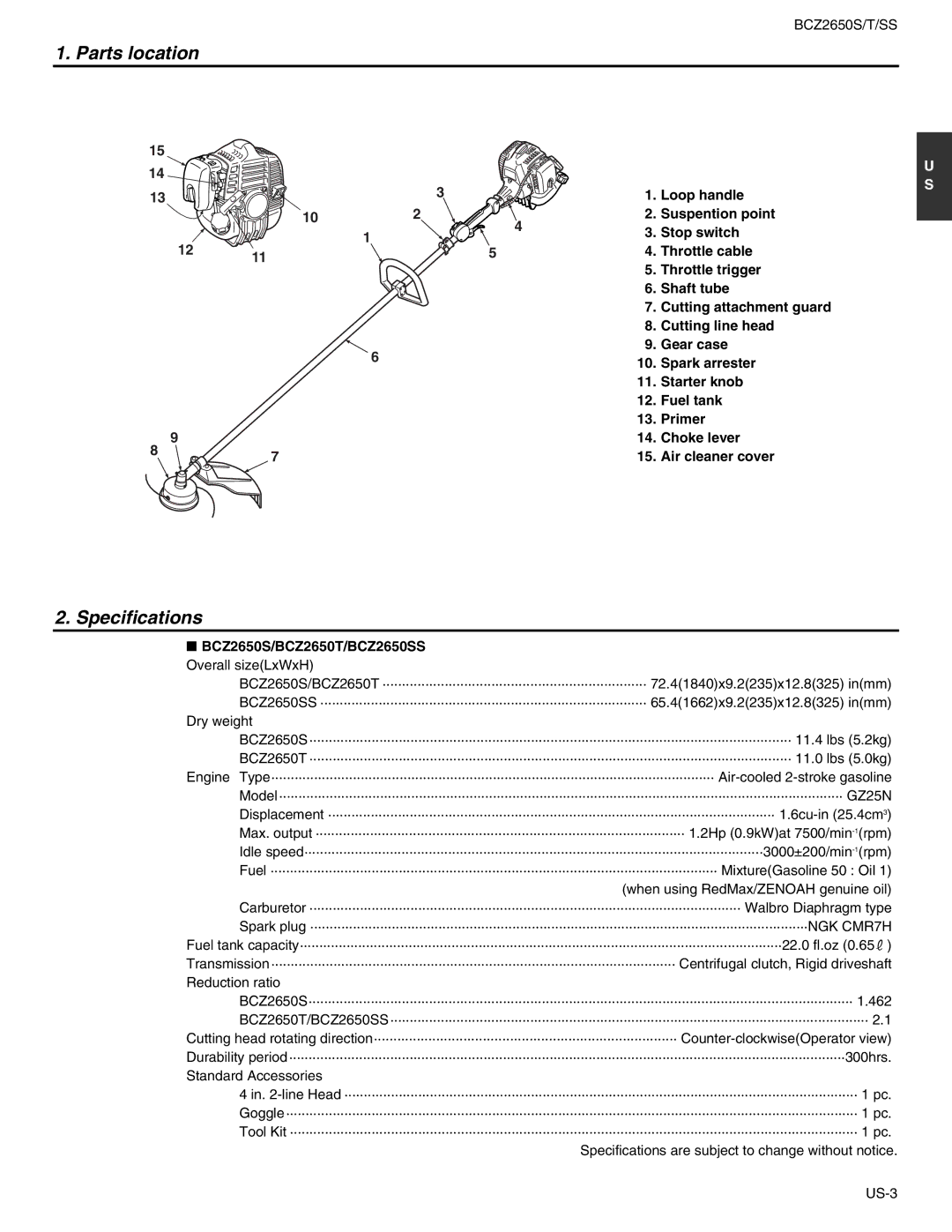 RedMax BCZ2650T, BCZ2650SS manual Parts location, Specifications 