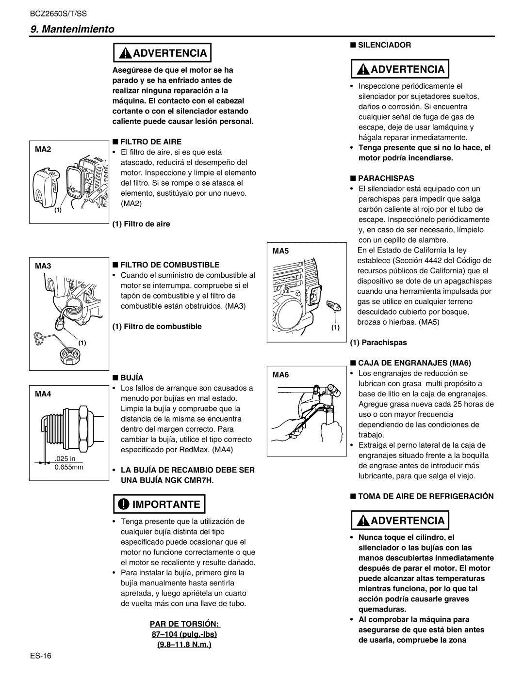 RedMax BCZ2650T, BCZ2650SS manual Filtro DE Aire MA2, Silenciador, MA3 Filtro DE Combustible, Parachispas, Bujía 