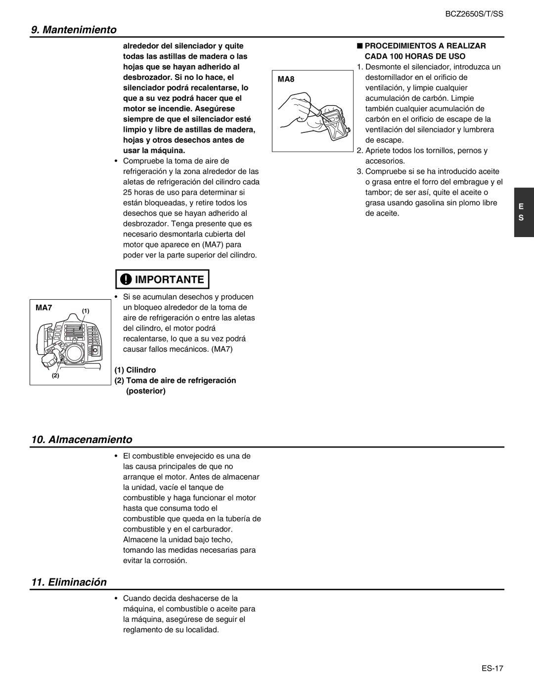 RedMax BCZ2650SS, BCZ2650T manual Almacenamiento, Eliminación, MA8 Procedimientos a Realizar Cada 100 Horas DE USO 