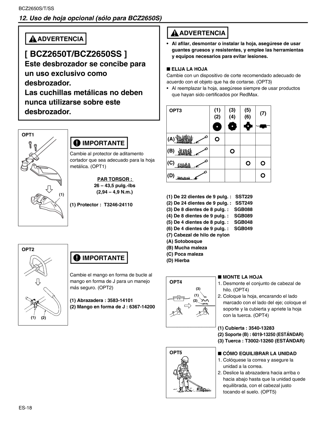 RedMax BCZ2650T, BCZ2650SS manual Uso de hoja opcional sólo para BCZ2650S, Elija LA Hoja, PAR Torsor, Monte LA Hoja 