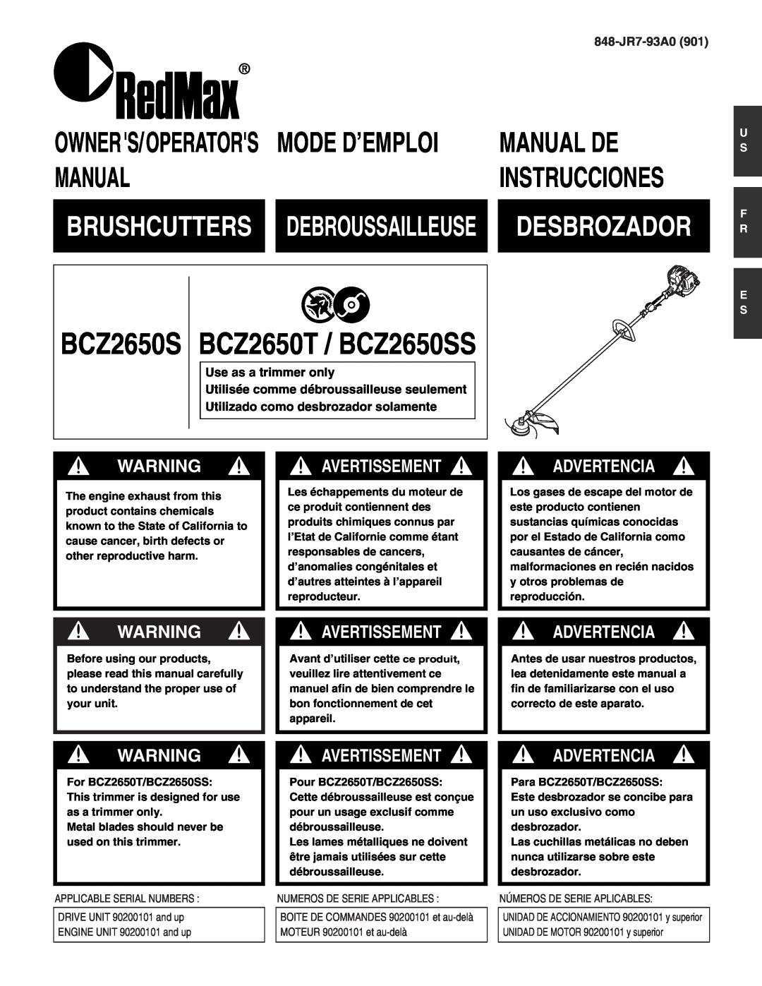 RedMax manual BCZ2650S BCZ2650T / BCZ2650SS, Manual De, Desbrozador, Avertissement, Advertencia, Mode D’Emploi 