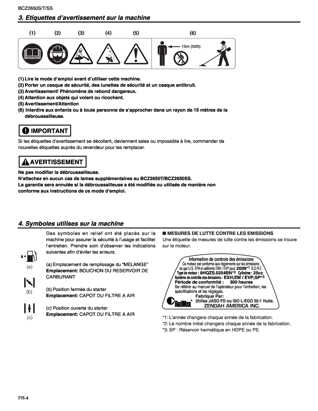 RedMax BCZ2650S, BCZ2650T manual Etiquettes d’avertissement sur la machine, Avertissement, Symboles utilises sur la machine 