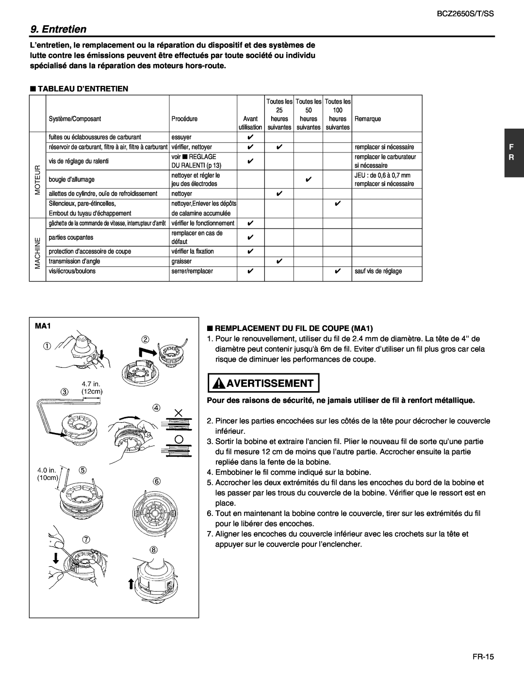 RedMax BCZ2650SS, BCZ2650T manual Avertissement, Tableau D’Entretien, REMPLACEMENT DU FIL DE COUPE MA1 