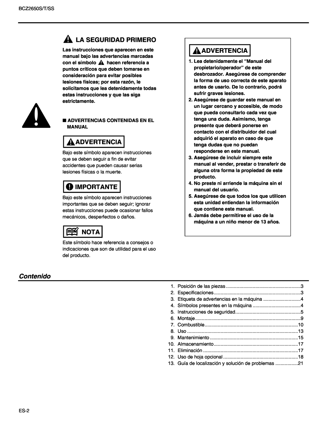 RedMax BCZ2650SS, BCZ2650T manual La Seguridad Primero, Advertencia, Importante, Nota, Contenido 