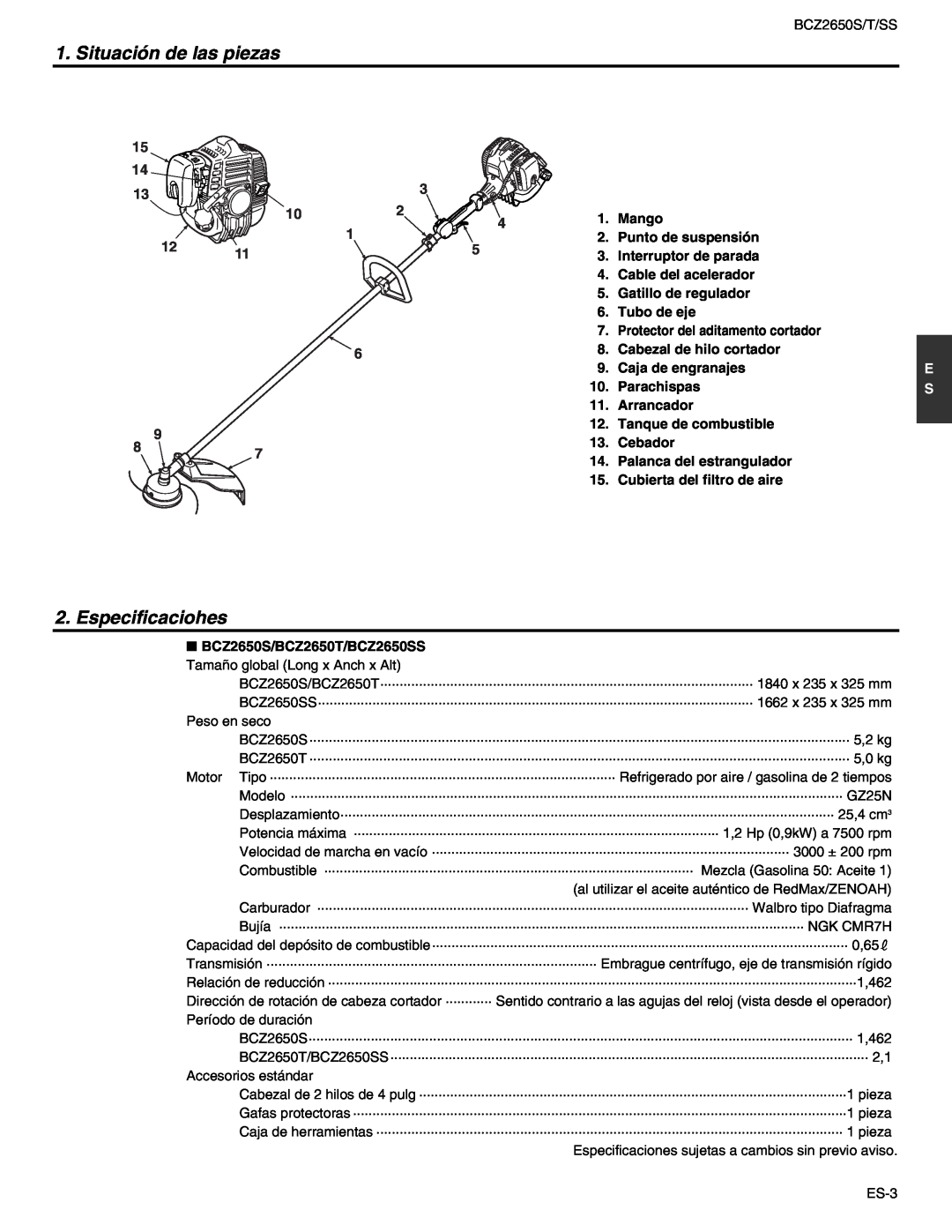 RedMax BCZ2650T, BCZ2650SS manual Situación de las piezas, Especificaciohes 
