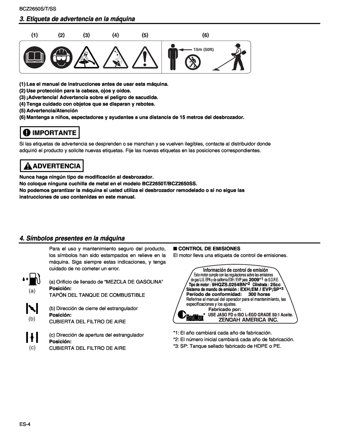 RedMax BCZ2650T manual Etiqueta de advertencia en la máquina, Importante, Advertencia, 4. Símbolos presentes en la máquina 