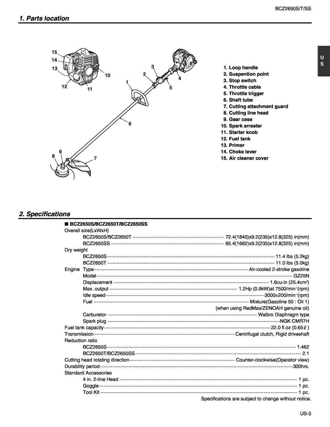 RedMax BCZ2650T, BCZ2650SS manual Parts location, Specifications 