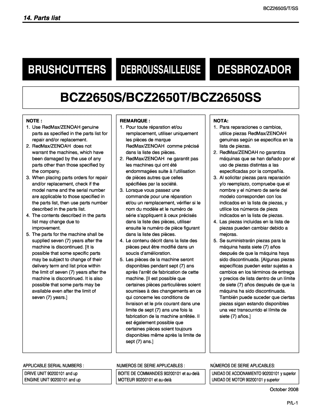 RedMax manual BCZ2650S/BCZ2650T/BCZ2650SS, Brushcutters Debroussailleuse Desbrozador, Parts list 
