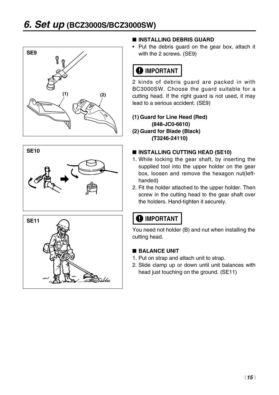 RedMax BCZ3000SW manual SE9, Installing Cutting Head SE10, Balance Unit,  15  