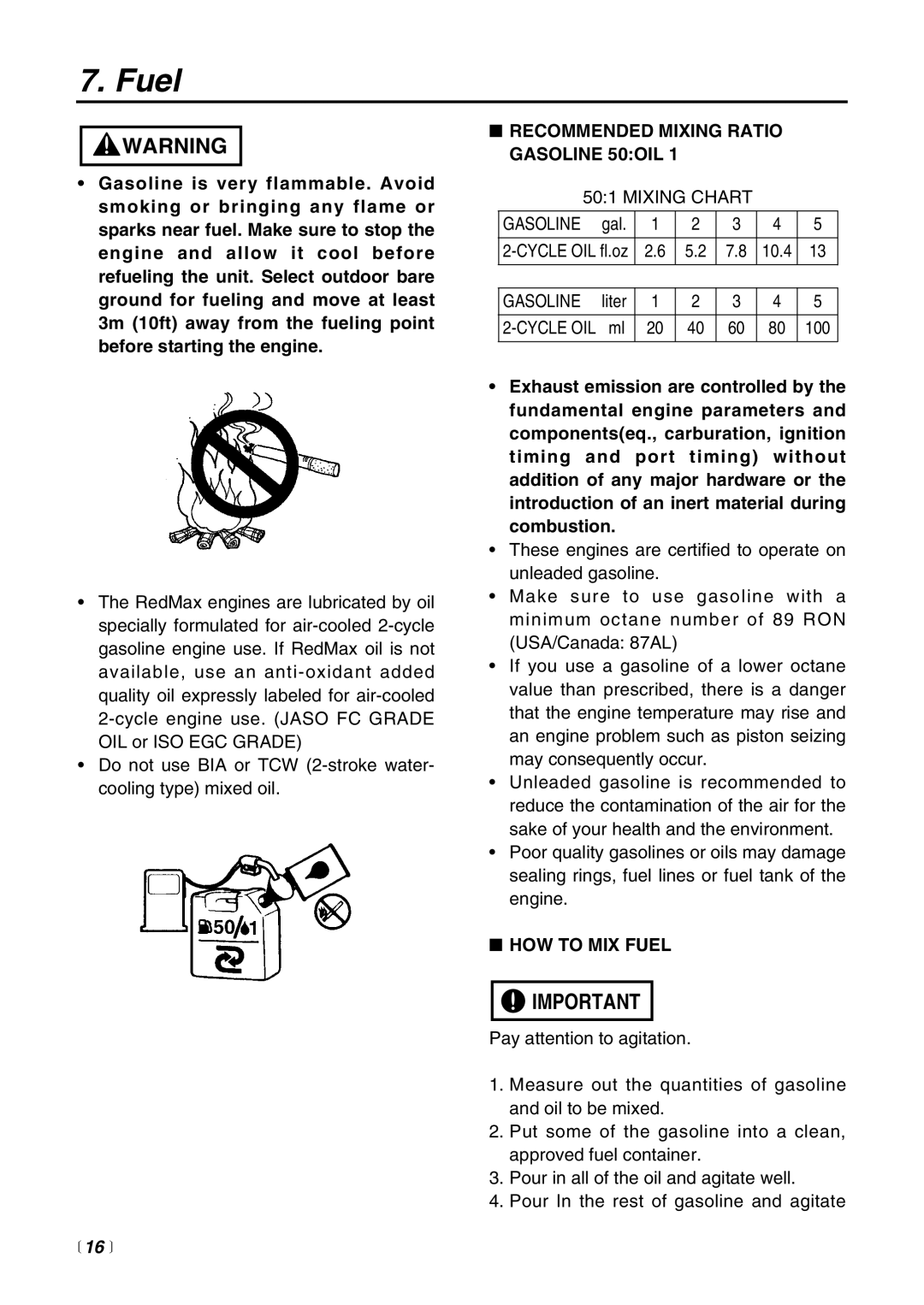 RedMax BCZ3000SW manual  16 , Recommended Mixing Ratio Gasoline 50OIL, HOW to MIX Fuel 