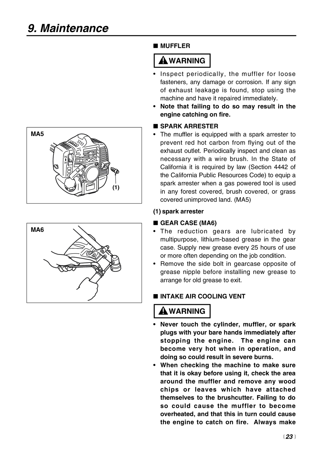 RedMax BCZ3000SW manual MA5 MA6 Muffler, Spark Arrester, Gear Case MA6, Intake AIR Cooling Vent,  23  