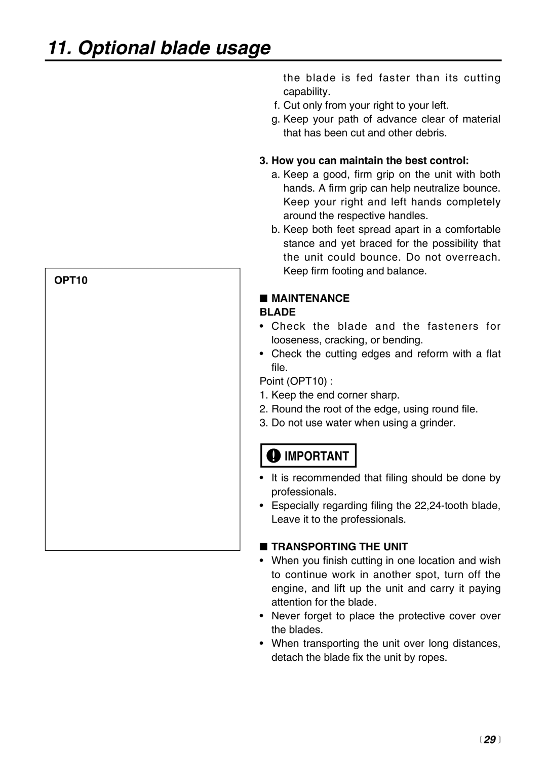 RedMax BCZ3000SW manual OPT10, Maintenance Blade, Transporting the Unit,  29  