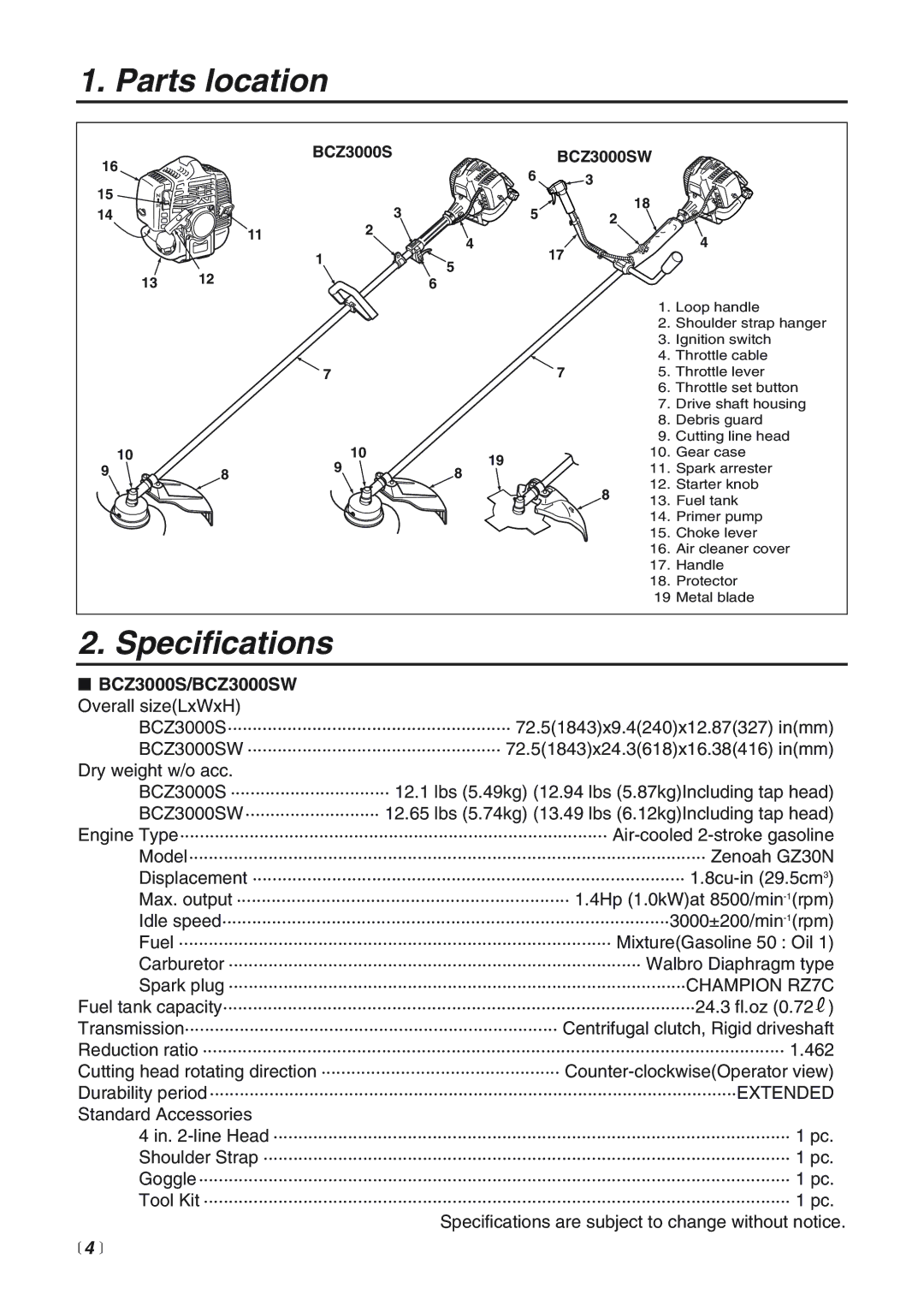 RedMax BCZ3000SW manual Parts location, Specifications,  4  