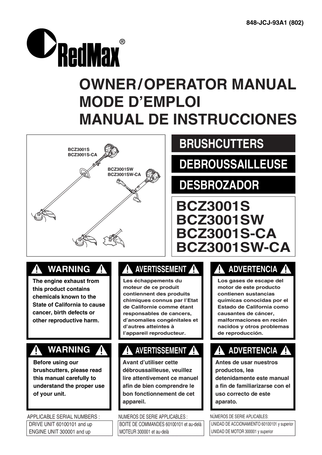 RedMax BCZ3001S-CA, BCZ3001SW-CA manual OWNER/OPERATOR Manual Mode D’EMPLOI Manual DE Instrucciones 